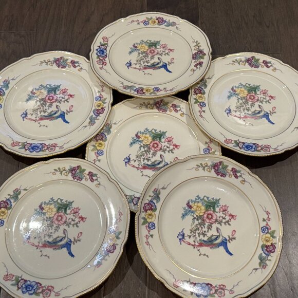 Castleton China six 6 DINNER Plates Phoenix USA Gold Flowers Scalloped Edge Rim - Picture 13 of 16